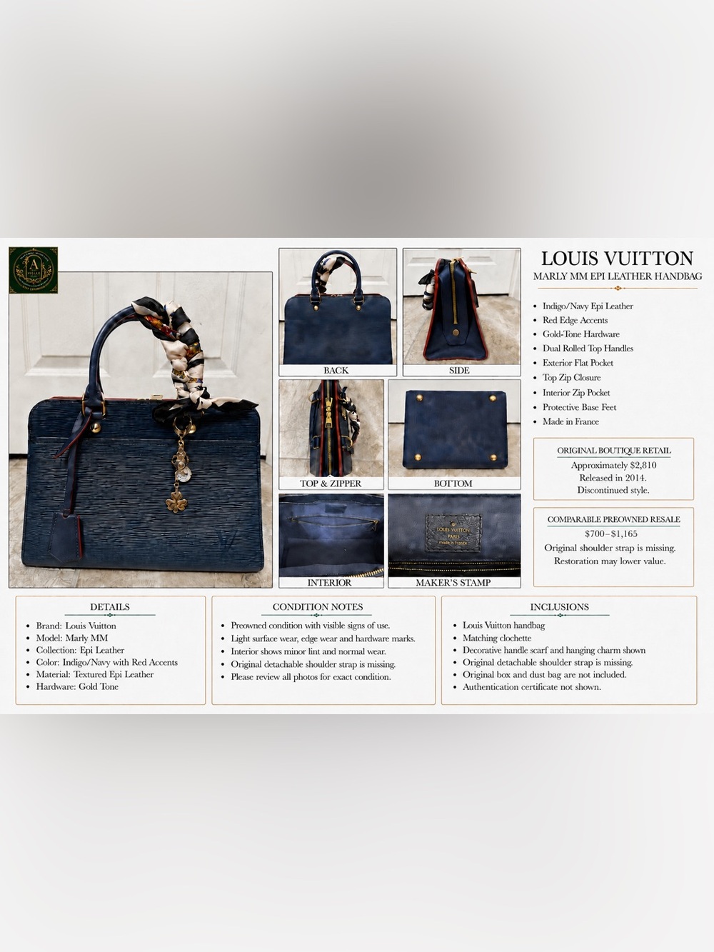 Louis Vuitton Vaneau GM Marine Rouge Epi Leather Top Handle Bag Gold Hardware